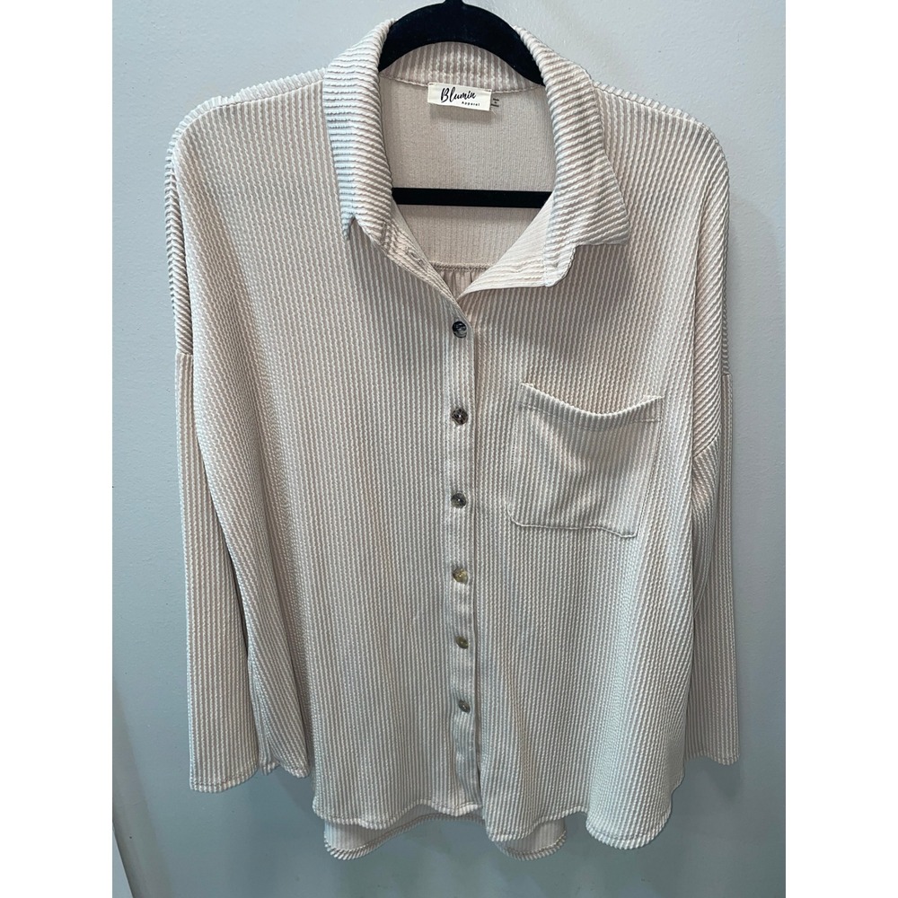 Blumin Apparel Beige Textured Ribbed Button Down Shirt Long Sleeve Womens Medium